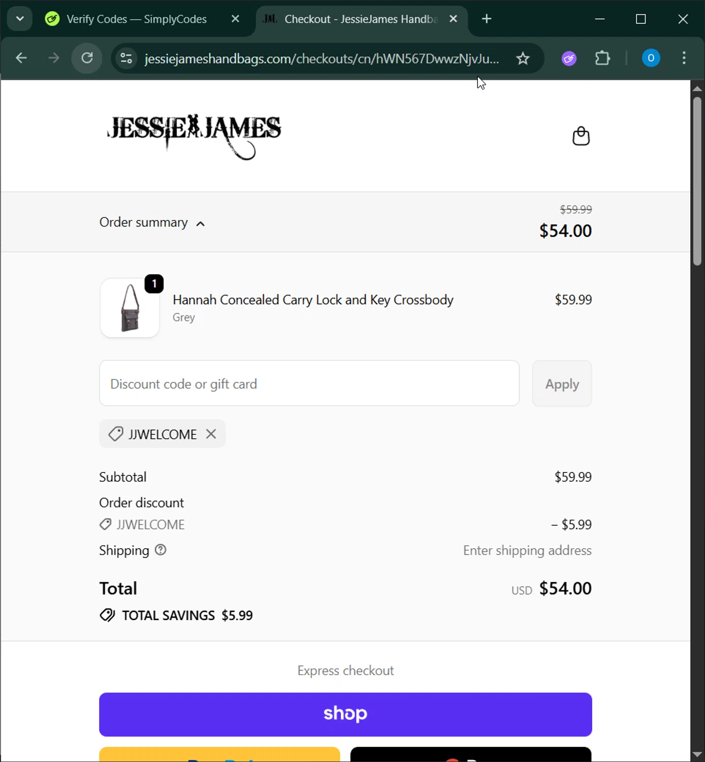 Jessie James Handbags promo code screenshot showing code JJWELCOME applied at Jessie James Handbags checkout page. Uploaded by SimplyCodes community member _____________ on Nov 9, 2025