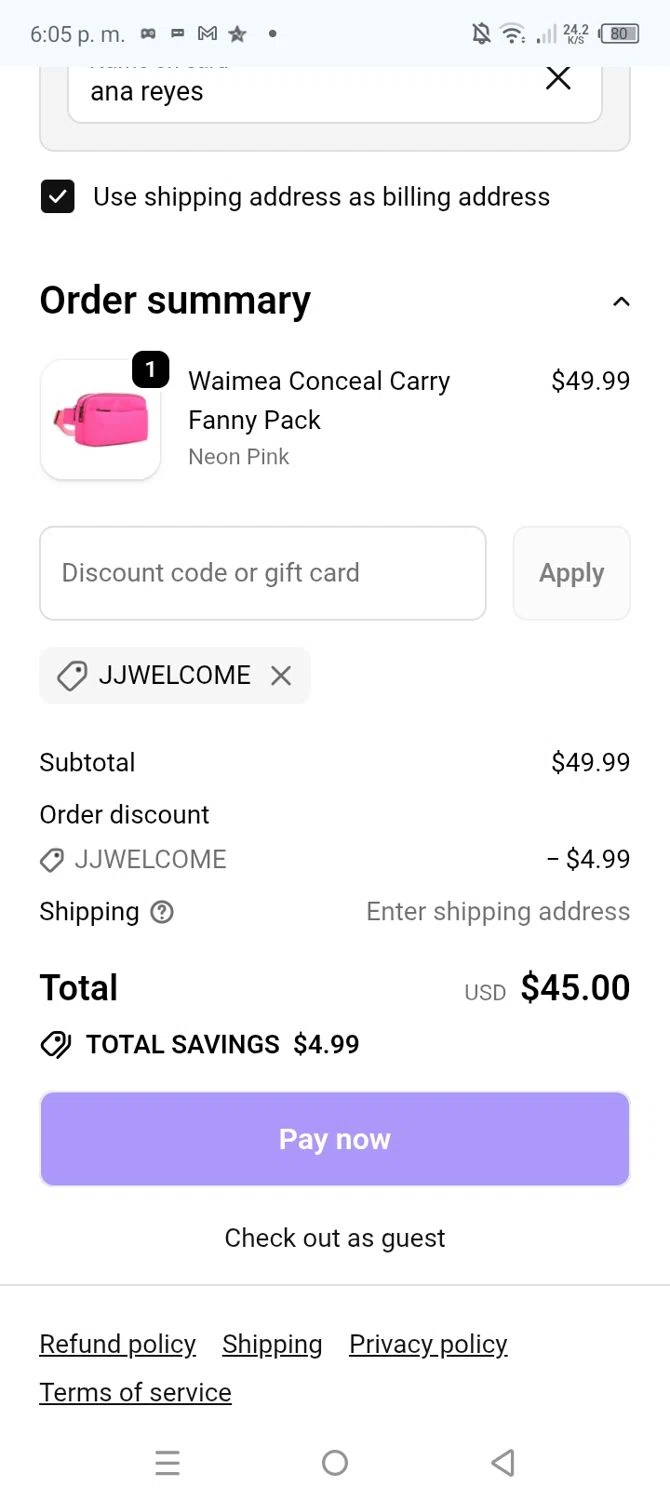 Jessie James Handbags promo code screenshot showing code JJWELCOME applied at Jessie James Handbags checkout page. Uploaded by SimplyCodes community member GoldCurator660 on Dec 23, 2025
