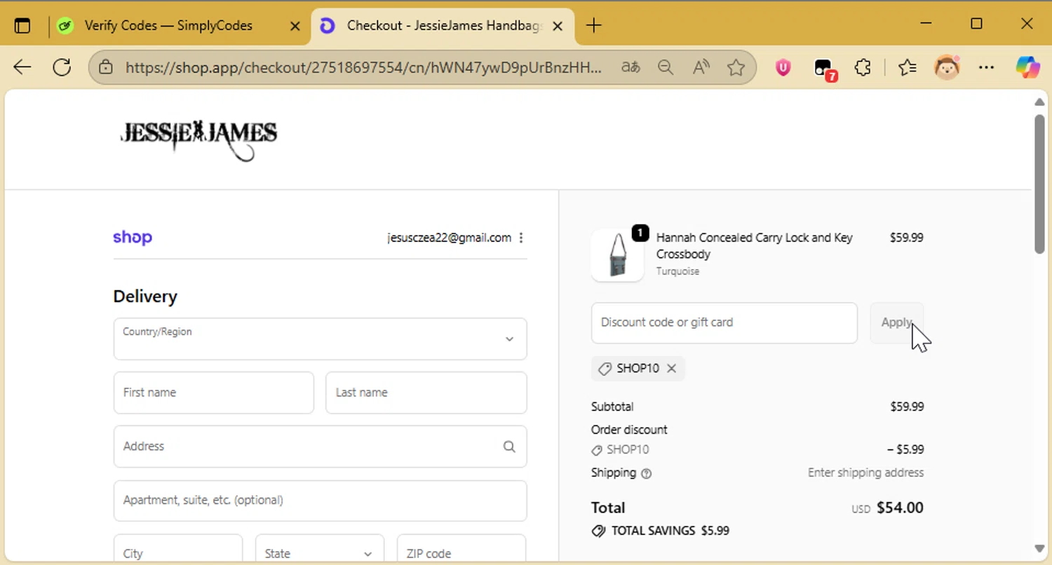 Jessie James Handbags promo code screenshot showing code SHOP10 applied at Jessie James Handbags checkout page. Uploaded by SimplyCodes community member CleverAce742 on Oct 15, 2025