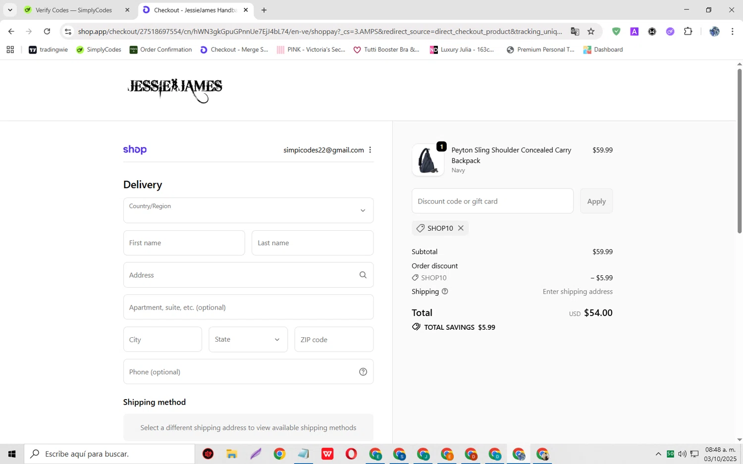 Jessie James Handbags promo code screenshot showing code SHOP10 applied at Jessie James Handbags checkout page. Uploaded by SimplyCodes community member JoseH45 on Oct 3, 2025