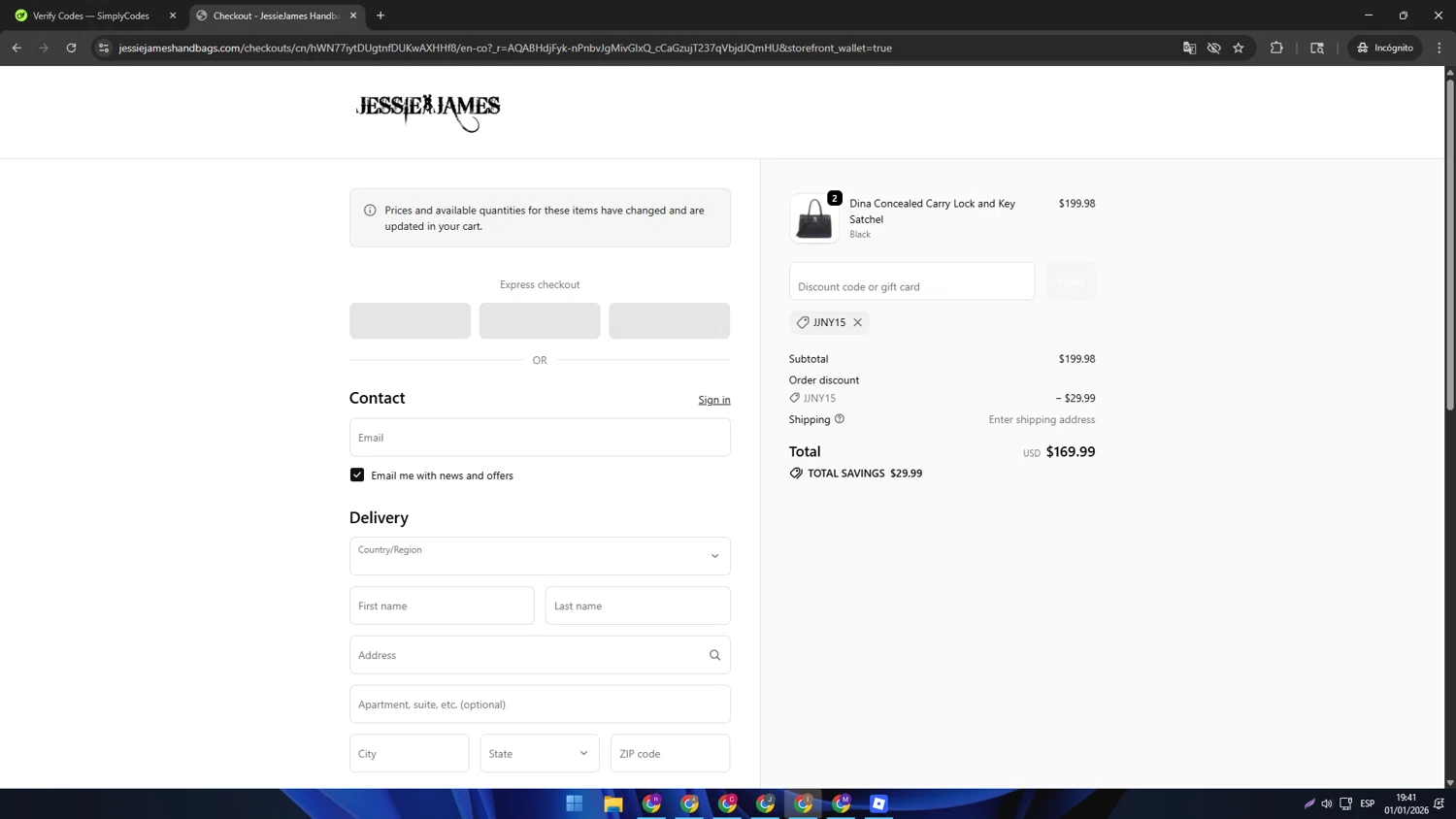 Jessie James Handbags checkout page showing Jessie James Handbags promo code box | Screenshot taken by SimplyCodes community member on Jan 2, 2026