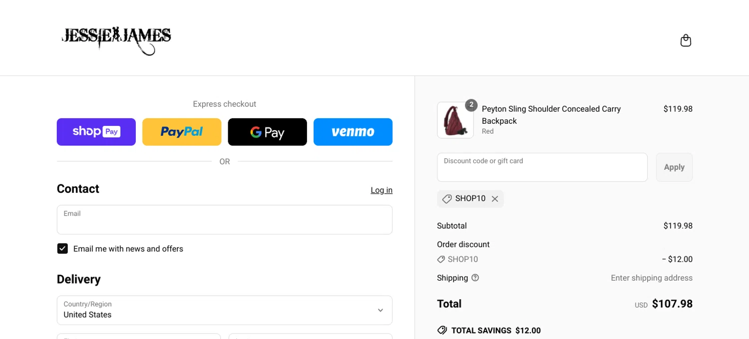 Jessie James Handbags promo code screenshot showing code SHOP10 applied at Jessie James Handbags checkout page. Uploaded by SimplyCodes community member Speedy on Apr 24, 2025