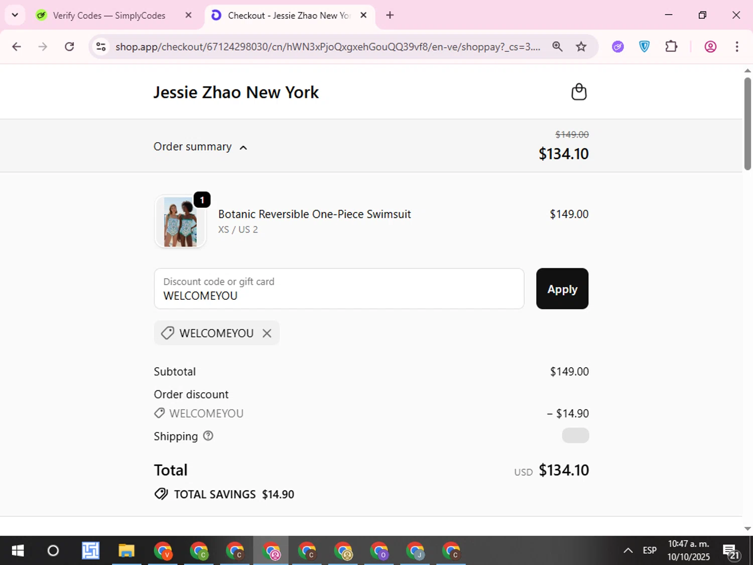Jessie Zhao New York promo code screenshot showing code WELCOMEYOU applied at Jessie Zhao New York checkout page. Uploaded by SimplyCodes community member QuestCurator1644 on Oct 10, 2025