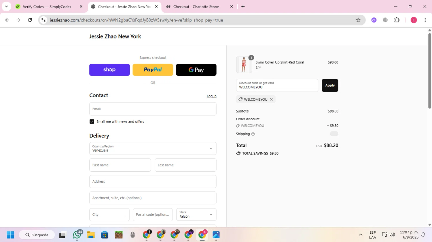 Jessie Zhao New York promo code screenshot showing code WELCOMEYOU applied at Jessie Zhao New York checkout page. Uploaded by SimplyCodes community member VoucherExpert2930 on Sep 7, 2025