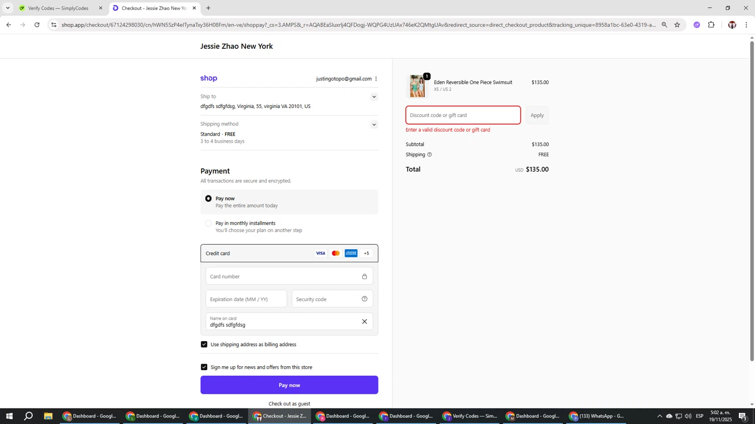 Jessie Zhao New York promo code screenshot showing code EXCLUSIVE25 applied at Jessie Zhao New York checkout page. Uploaded by SimplyCodes community member Salometta on Nov 19, 2025