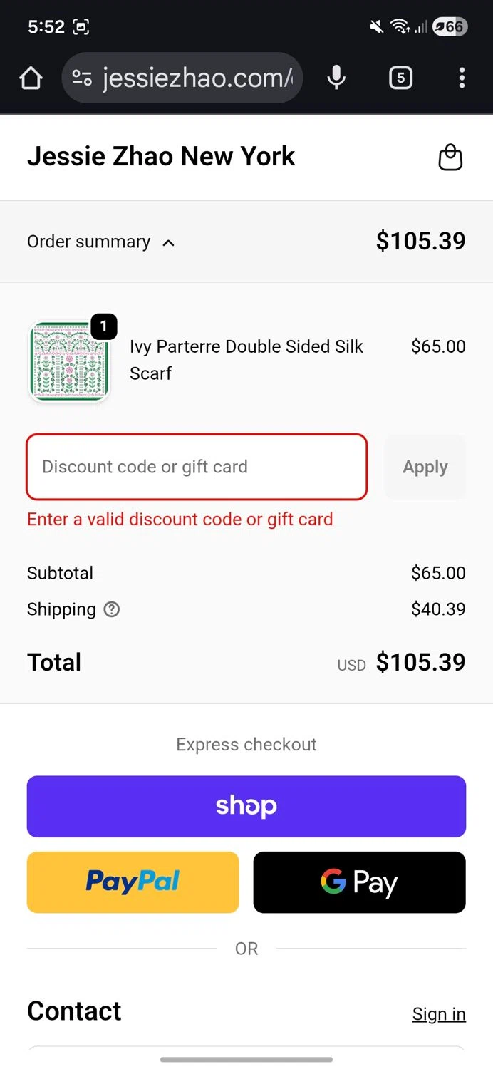 Jessie Zhao New York promo code screenshot showing code ENJOY20 applied at Jessie Zhao New York checkout page. Uploaded by SimplyCodes community member DealLynx6506 on Dec 4, 2025
