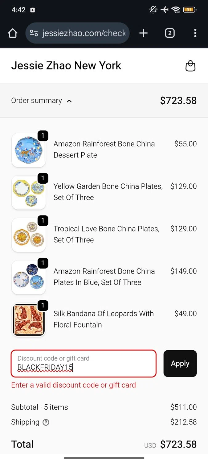 Jessie Zhao New York promo code screenshot showing code BLACKFRIDAY15 applied at Jessie Zhao New York checkout page. Uploaded by SimplyCodes community member RoyalSpotter5217 on Dec 4, 2025