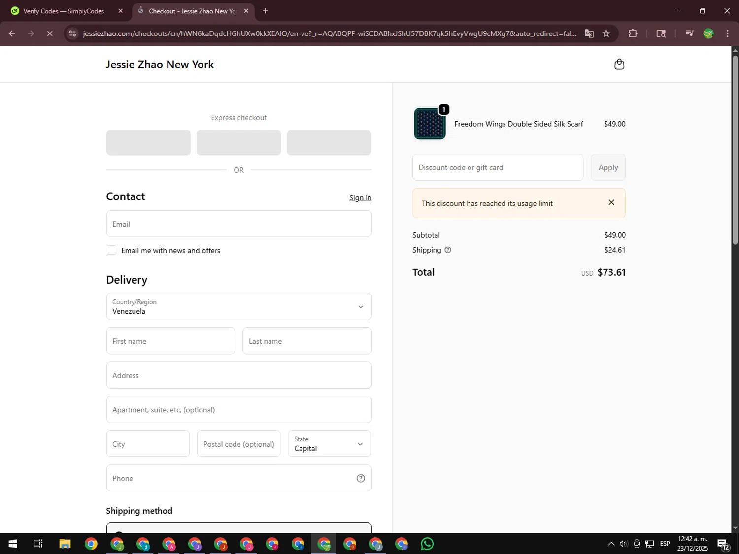 Jessie Zhao New York promo code screenshot showing code FGTPFQCM applied at Jessie Zhao New York checkout page. Uploaded by SimplyCodes community member SwiftChaser6655 on Dec 23, 2025