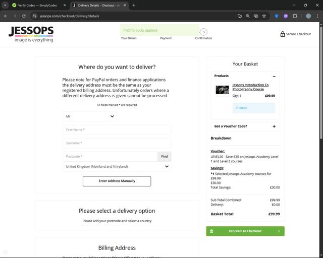 Jessops checkout page showing Jessops discount code box | Screenshot taken by SimplyCodes community member on Jul 14, 2025