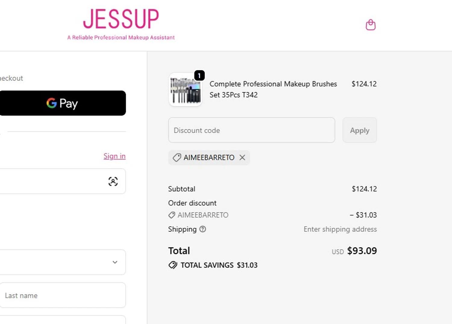 Jessup Beauty promo code screenshot showing code AIMEEBARRETO applied at Jessup Beauty checkout page. Uploaded by SimplyCodes community member mandrakke on Jun 10, 2026