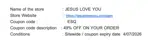 Jesus Loves You coupon verification screenshot