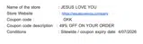 Jesus Loves You coupon verification screenshot