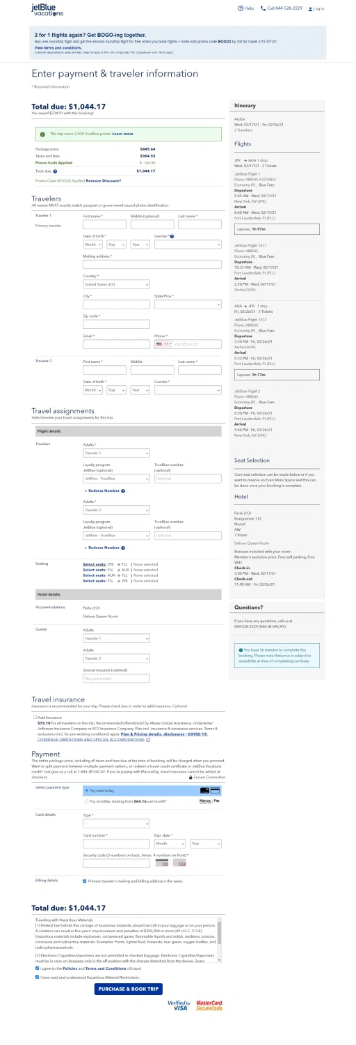 where to use JetBlue promo code box