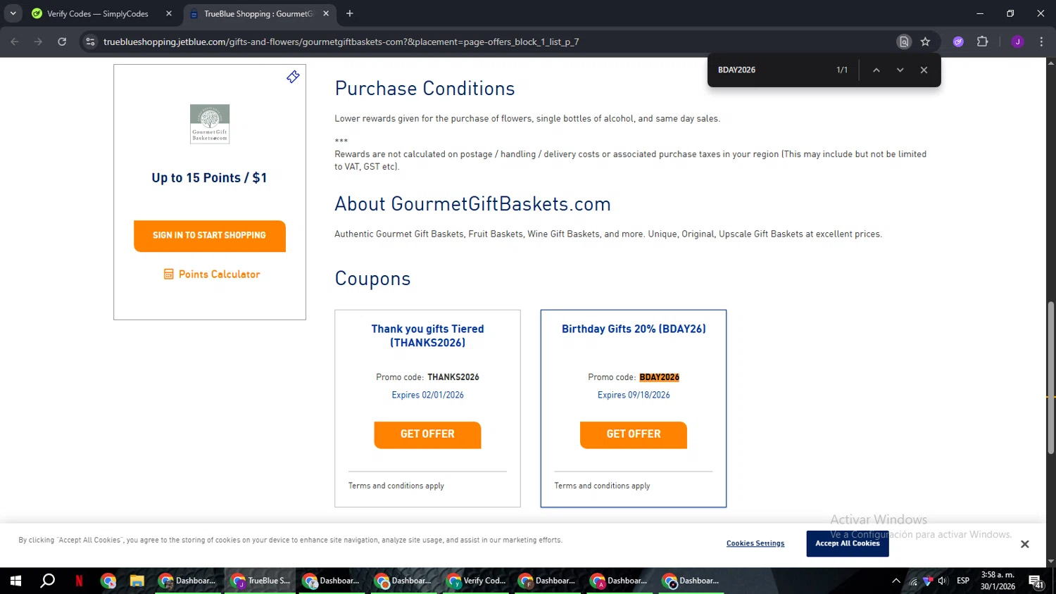 JetBlue promo code screenshot showing code BDAY2026 applied at JetBlue checkout page. Uploaded by SimplyCodes community member ComeBurra123 on Jan 30, 2026