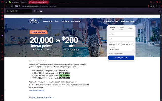 JetBlue Vacations checkout page showing JetBlue Vacations promo code box | Screenshot taken by SimplyCodes community member on Aug 11, 2025