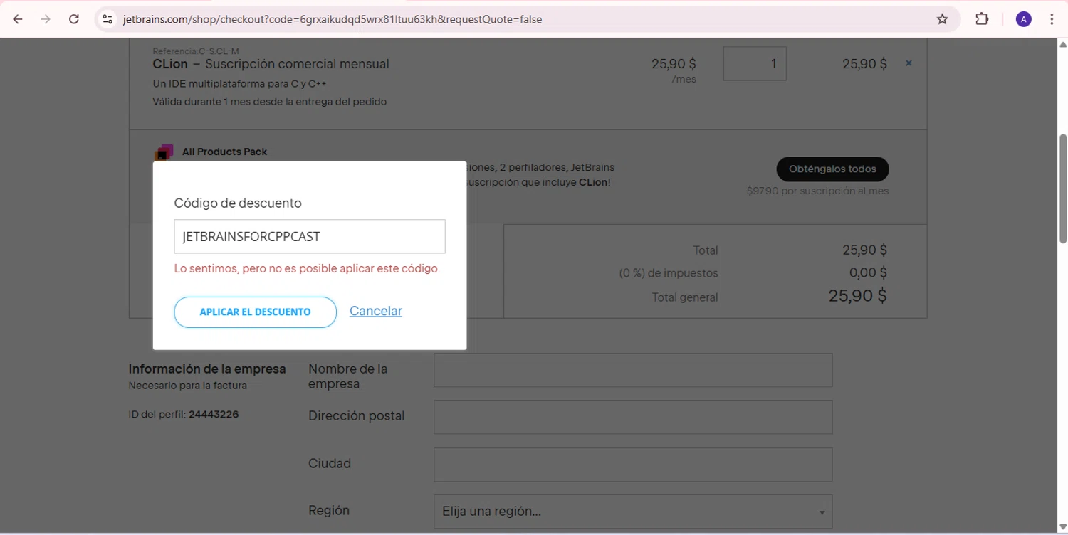 JetBrains discount code screenshot showing code JETBRAINSFORCPPCAST applied at JetBrains checkout page. Uploaded by SimplyCodes community member PromoExpert5262 on Oct 10, 2025