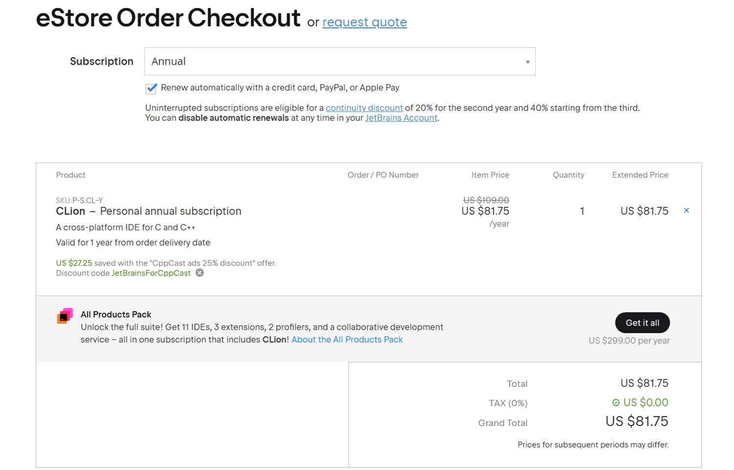 JetBrains discount code screenshot showing code JETBRAINSFORCPPCAST applied at JetBrains checkout page. Uploaded by SimplyCodes community member Veigarwaton on Dec 1, 2025