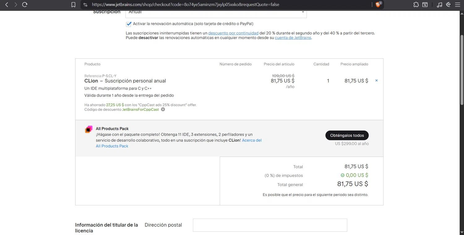 JetBrains discount code screenshot showing code JETBRAINSFORCPPCAST applied at JetBrains checkout page. Uploaded by SimplyCodes community member juanvargas1 on Oct 10, 2025