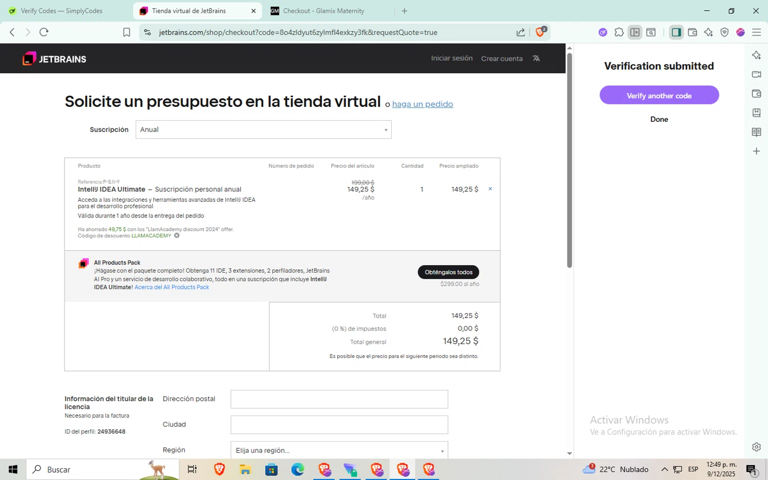 JetBrains discount code screenshot showing code LLAMACADEMY applied at JetBrains checkout page. Uploaded by SimplyCodes community member aaaaaaaaaaaaaaa on Dec 9, 2025