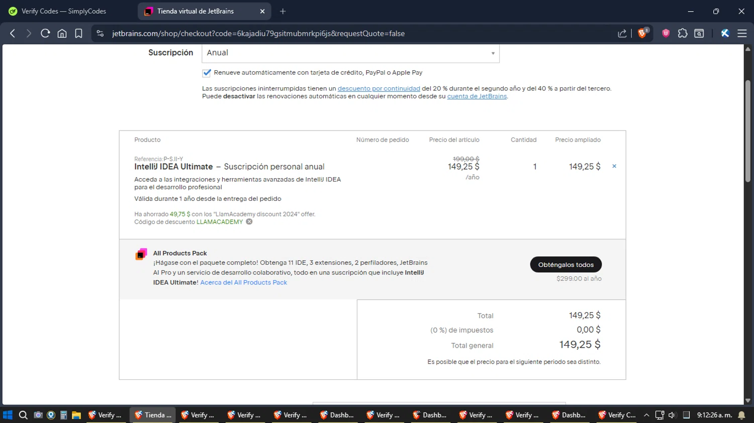 JetBrains discount code screenshot showing code LLAMACADEMY applied at JetBrains checkout page. Uploaded by SimplyCodes community member verifier_983798000 on Dec 29, 2025