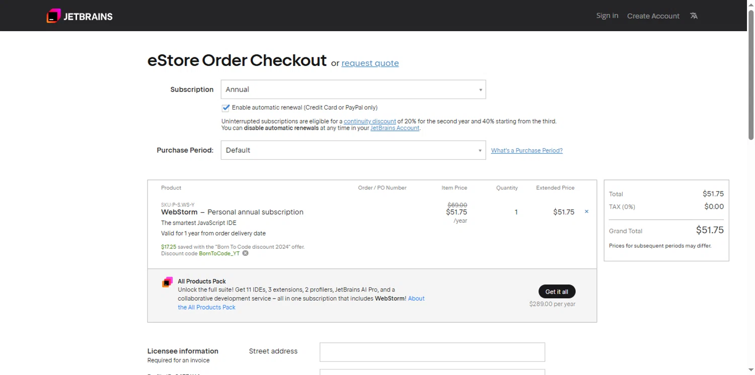 JetBrains discount code screenshot showing code BORNTOCODE_YT applied at JetBrains checkout page. Uploaded by SimplyCodes community member renegul on Sep 26, 2025