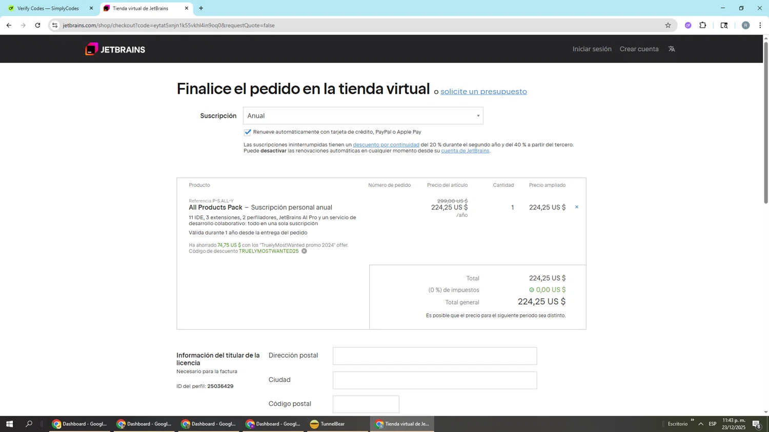 JetBrains discount code screenshot showing code TRUELYMOSTWANTED25 applied at JetBrains checkout page. Uploaded by SimplyCodes community member Piolin on Dec 24, 2025