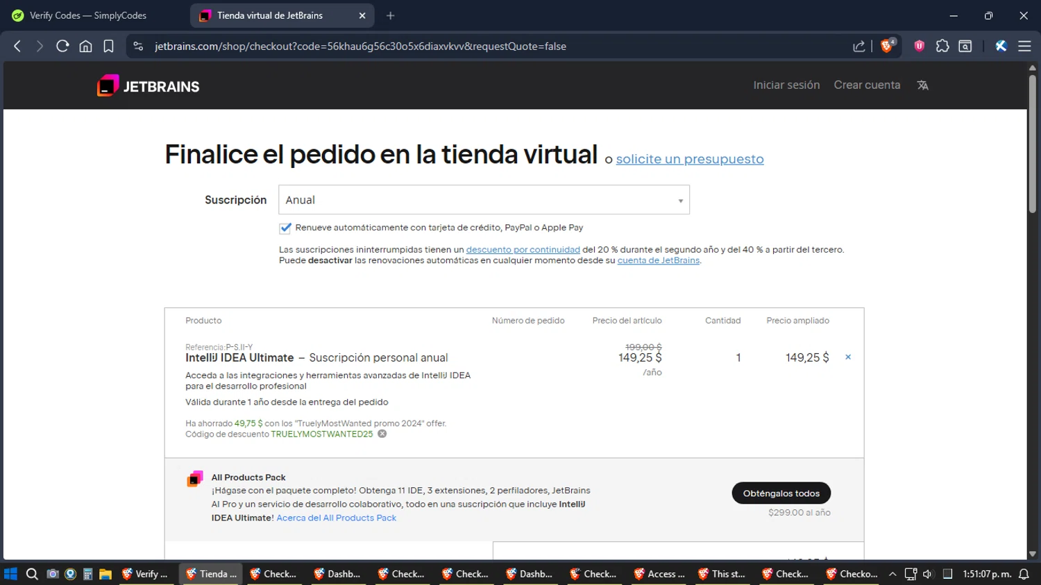 JetBrains discount code screenshot showing code TRUELYMOSTWANTED25 applied at JetBrains checkout page. Uploaded by SimplyCodes community member verifier_983798000 on Dec 9, 2025