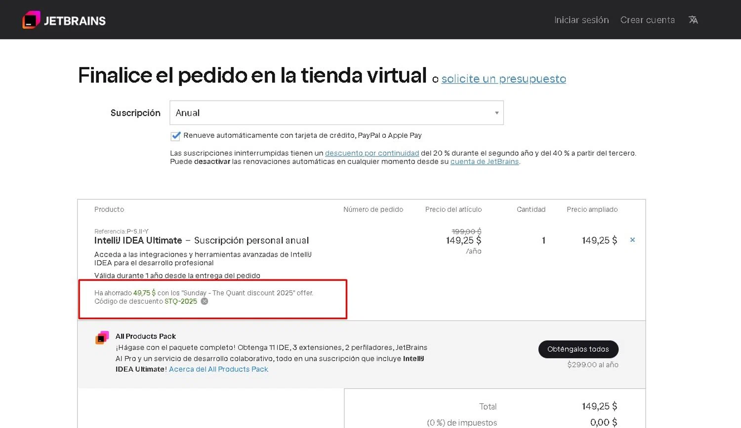 JetBrains discount code screenshot showing code STQ-2025 applied at JetBrains checkout page. Uploaded by SimplyCodes community member LAMINEJAMAL on Jan 5, 2026