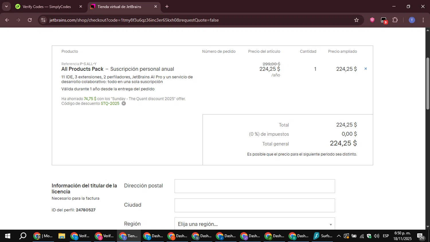 JetBrains discount code screenshot showing code STQ-2025 applied at JetBrains checkout page. Uploaded by SimplyCodes community member snidertom8 on Nov 18, 2025