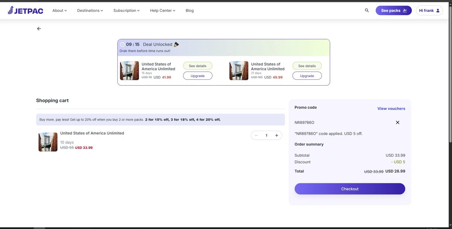 Jetpac checkout page showing Jetpac promo code box | Screenshot taken by SimplyCodes community member on Feb 12, 2026