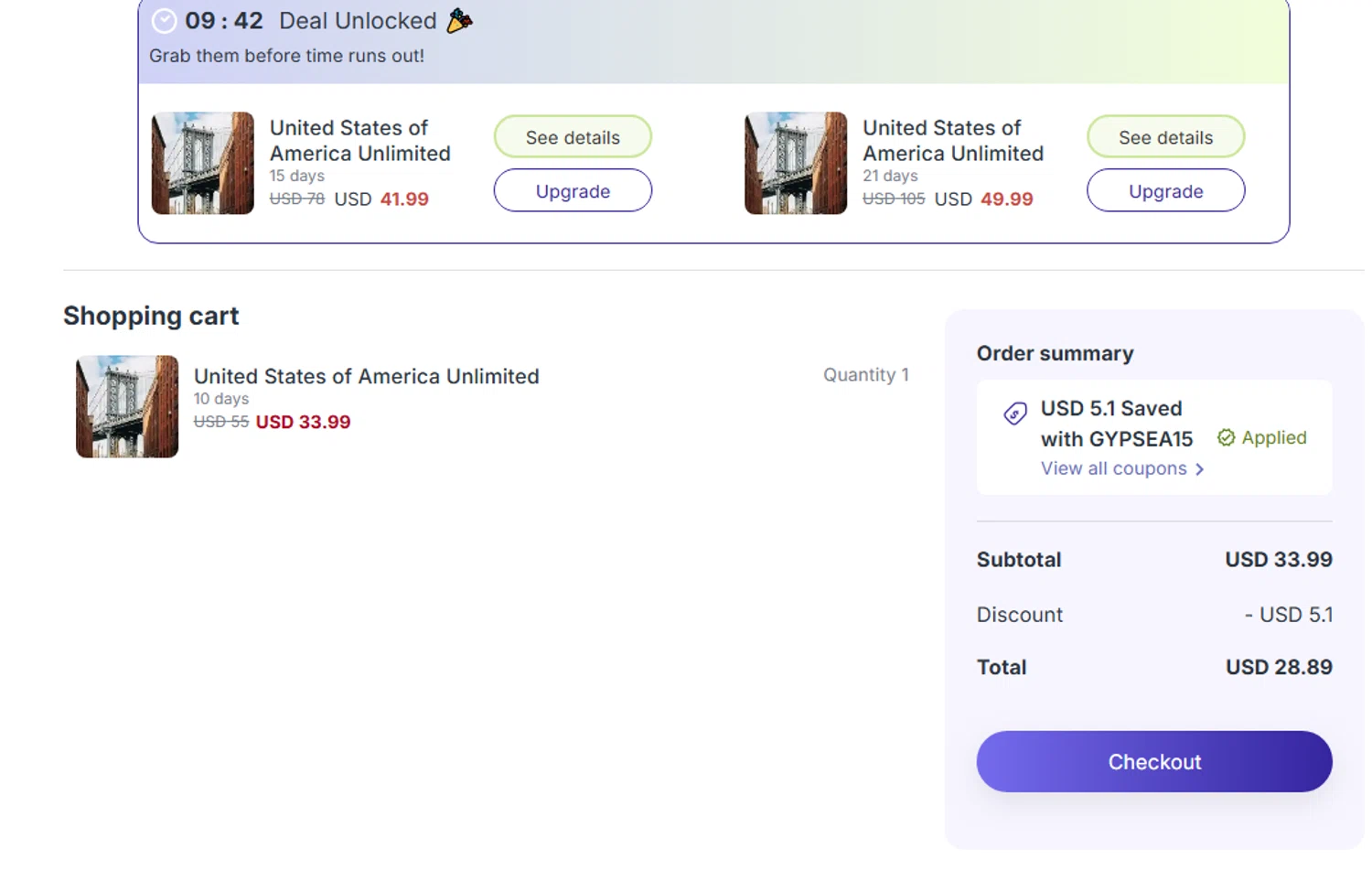 Jetpac promo code screenshot showing code GYPSEA15 applied at Jetpac checkout page. Uploaded by SimplyCodes community member MARIO12 on Dec 28, 2025