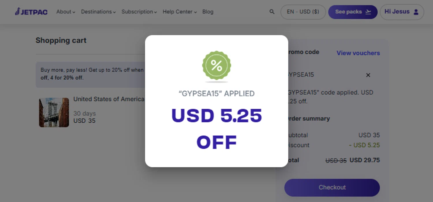 Jetpac promo code screenshot showing code GYPSEA15 applied at Jetpac checkout page. Uploaded by SimplyCodes community member TraxoGamer on Jan 23, 2026