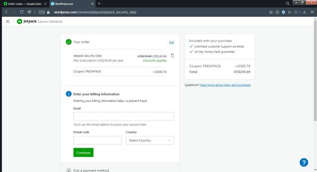 Jetpack checkout page showing Jetpack promo code box | Screenshot taken by SimplyCodes community member on Sep 5, 2021