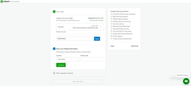 Jetpack checkout page showing Jetpack promo code box | Screenshot taken by SimplyCodes community member on Jun 1, 2023