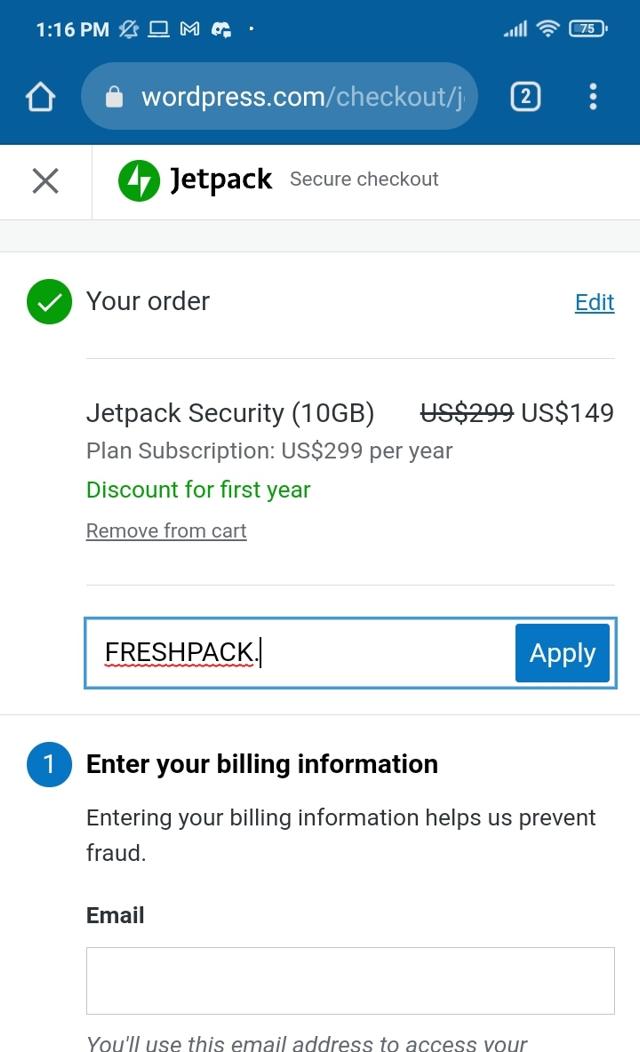 Jetpack checkout page showing Jetpack promo code box | Screenshot taken by SimplyCodes community member on Dec 16, 2021