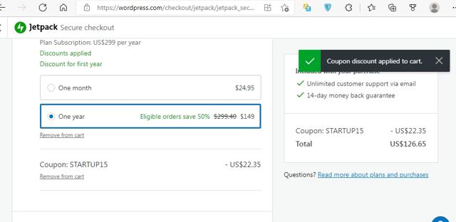 Jetpack checkout page showing Jetpack promo code box | Screenshot taken by SimplyCodes community member on Mar 7, 2022