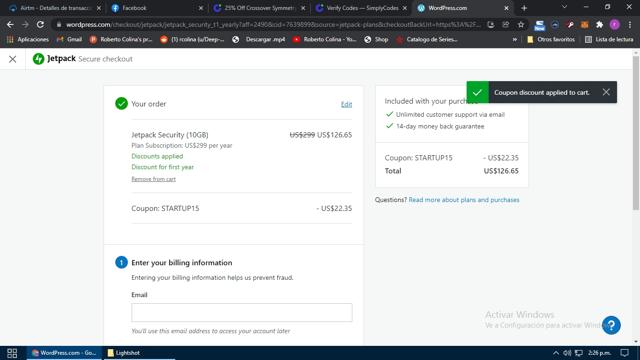 Jetpack checkout page showing Jetpack promo code box | Screenshot taken by SimplyCodes community member on Jan 4, 2022
