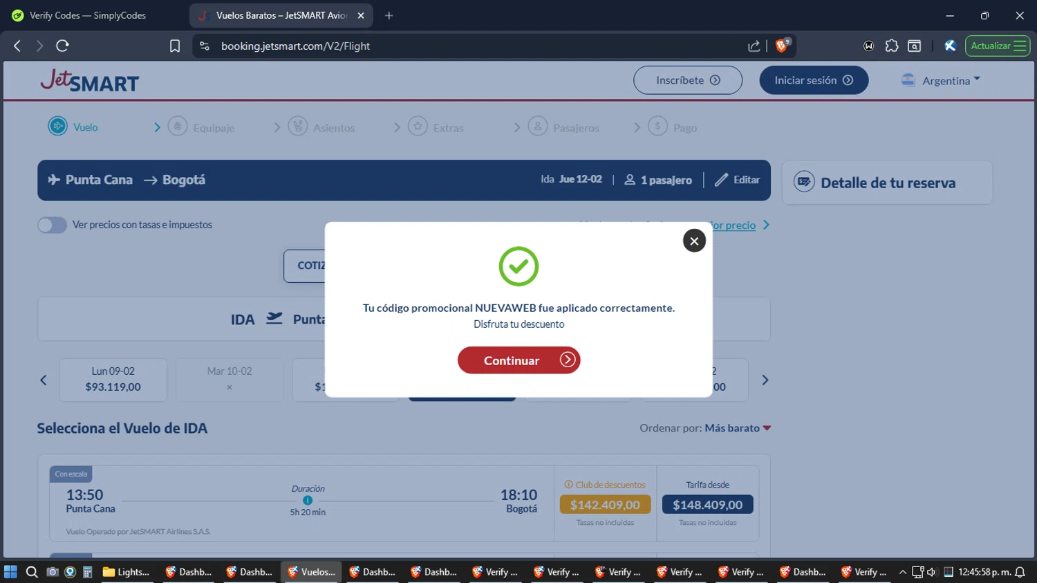 JetSMART promo code screenshot showing code NUEVAWEB applied at JetSMART checkout page. Uploaded by SimplyCodes community member Jgomez on Jan 19, 2026