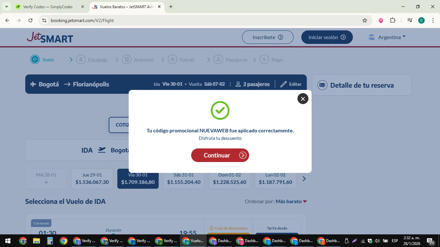 JetSMART checkout page showing JetSMART promo code box | Screenshot taken by SimplyCodes community member on Jan 28, 2026