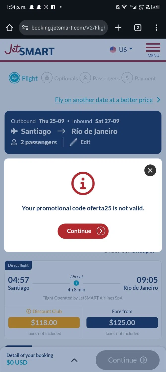 JetSMART promo code screenshot showing code oferta25 applied at JetSMART checkout page. Uploaded by SimplyCodes community member Sasuk3 on Sep 24, 2025