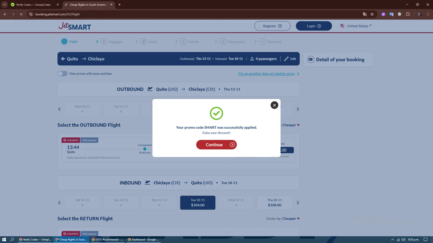 JetSMART promo code screenshot showing code smart applied at JetSMART checkout page. Uploaded by SimplyCodes community member dennygomez on Nov 7, 2025