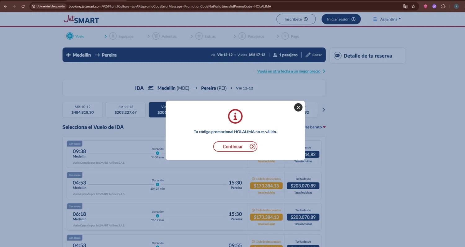 JetSMART promo code screenshot showing code HOLALIMA applied at JetSMART checkout page. Uploaded by SimplyCodes community member CleverChaser9201 on Dec 10, 2025