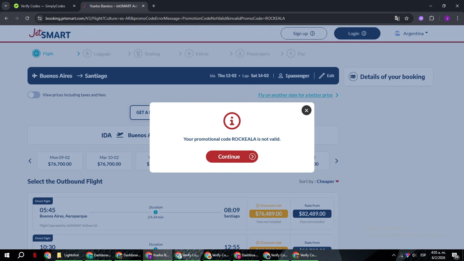 JetSMART promo code screenshot showing code ROCKEALA applied at JetSMART checkout page. Uploaded by SimplyCodes community member ComeBurra123 on Feb 6, 2026