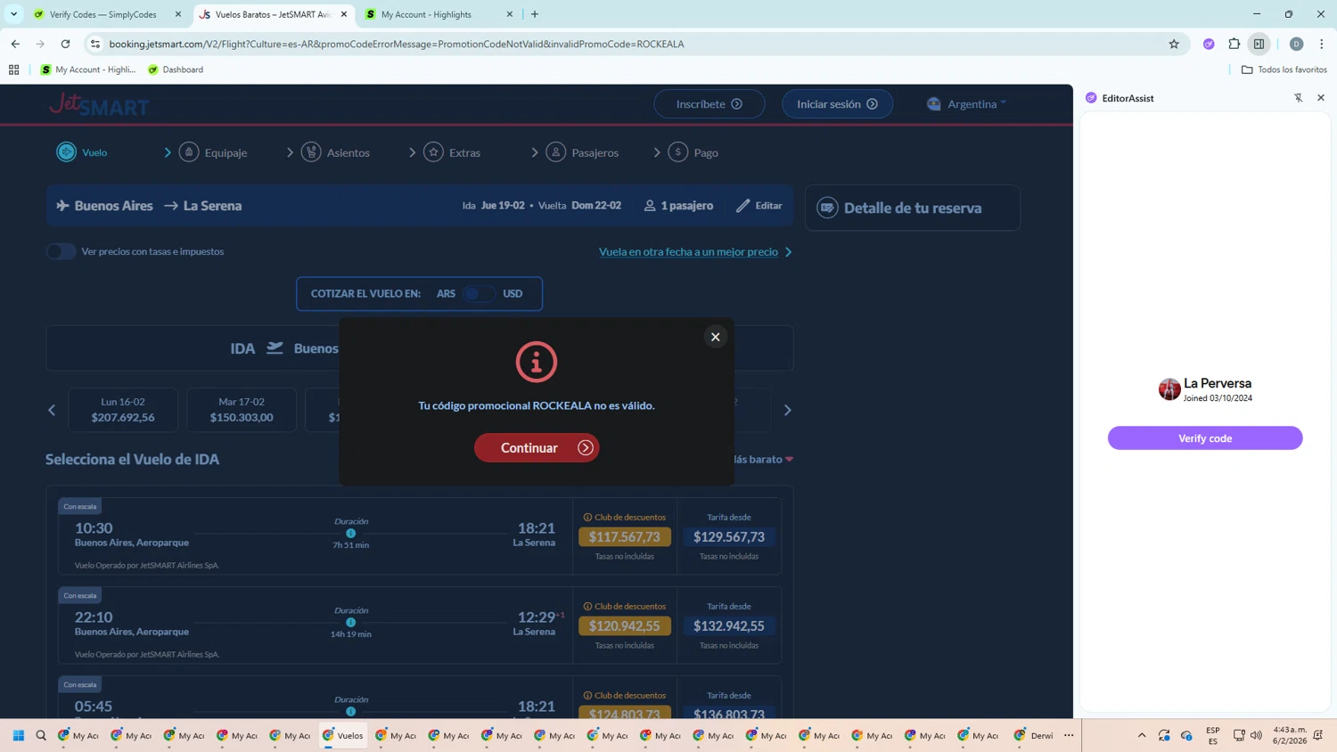 JetSMART promo code screenshot showing code ROCKEALA applied at JetSMART checkout page. Uploaded by SimplyCodes community member ScanMaven5756 on Feb 6, 2026