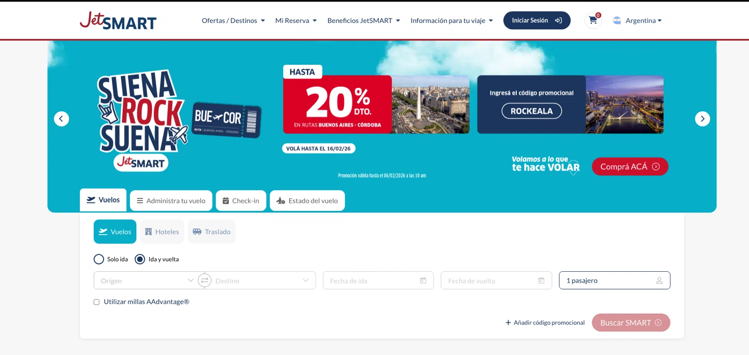 JetSMART promo code screenshot showing code ROCKEALA applied at JetSMART checkout page. Uploaded by SimplyCodes community member ELOIN777 on Feb 6, 2026