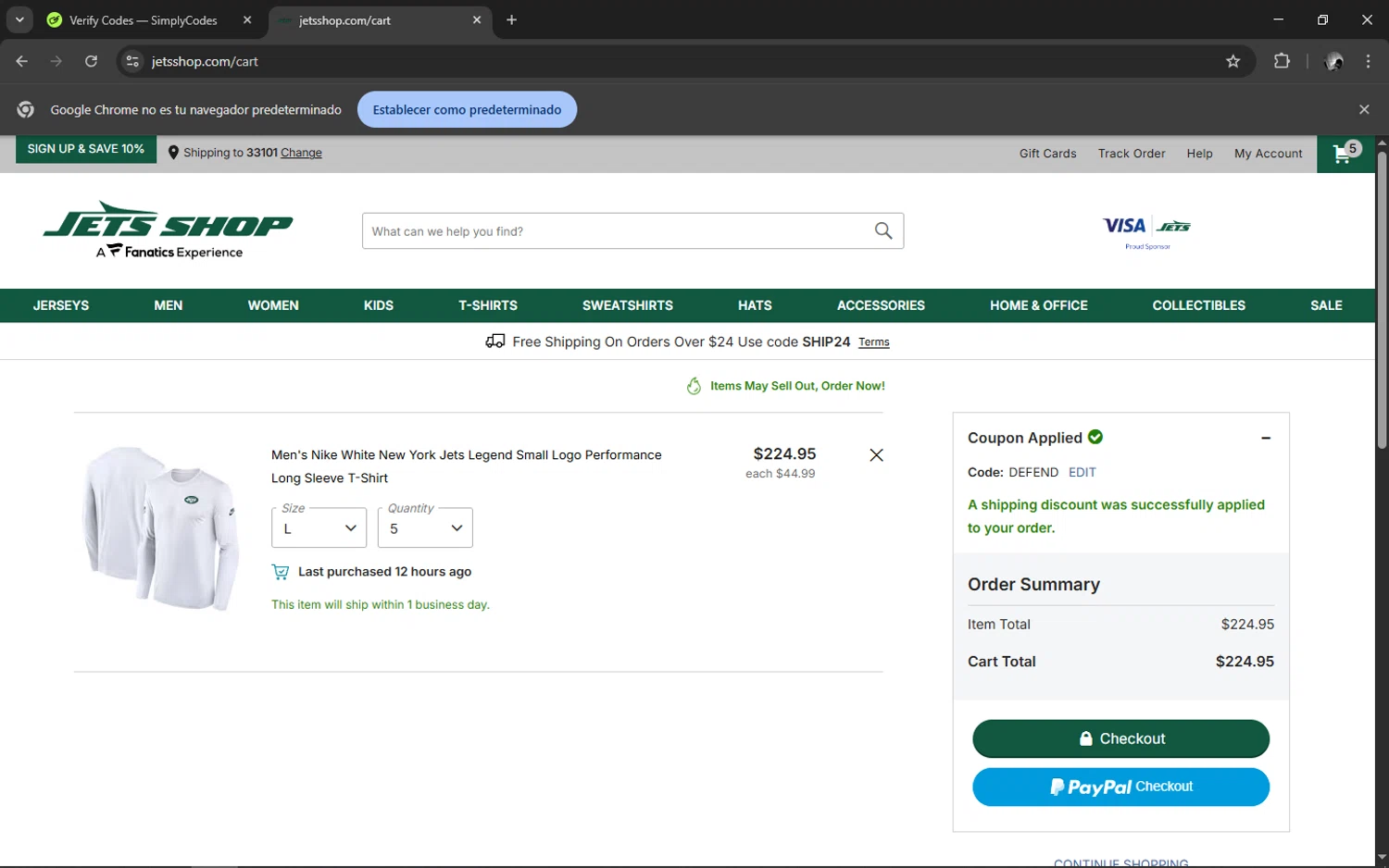Jets Shop promo code screenshot showing code DEFEND applied at Jets Shop checkout page. Uploaded by SimplyCodes community member ELMARRON on Aug 11, 2025