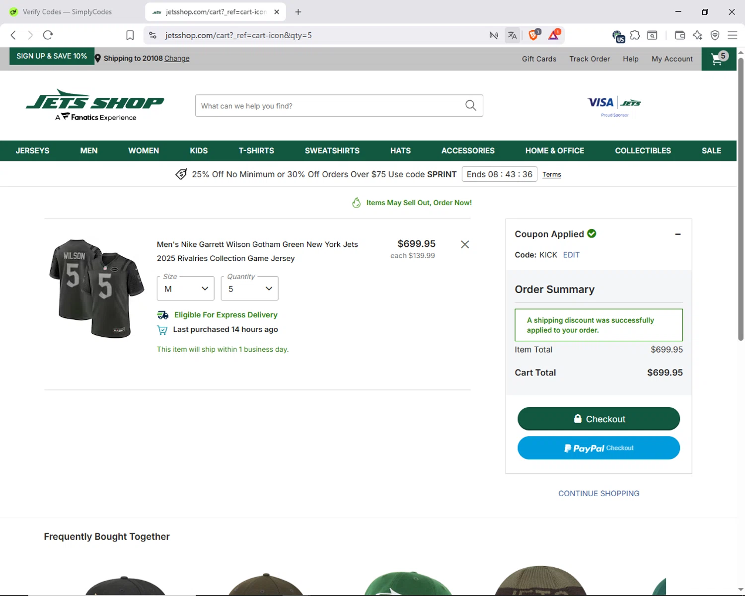 Jets Shop promo code screenshot showing code KICK applied at Jets Shop checkout page. Uploaded by SimplyCodes community member ShieldAdmiral6835 on Oct 13, 2025