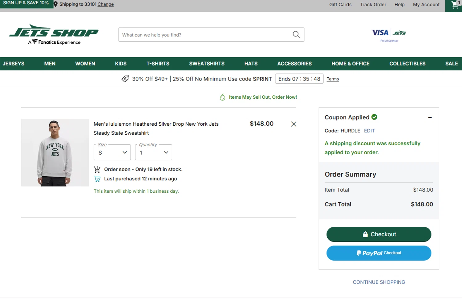 Jets Shop promo code screenshot showing code HURDLE applied at Jets Shop checkout page. Uploaded by SimplyCodes community member Espaguetticonpollo on Nov 2, 2025