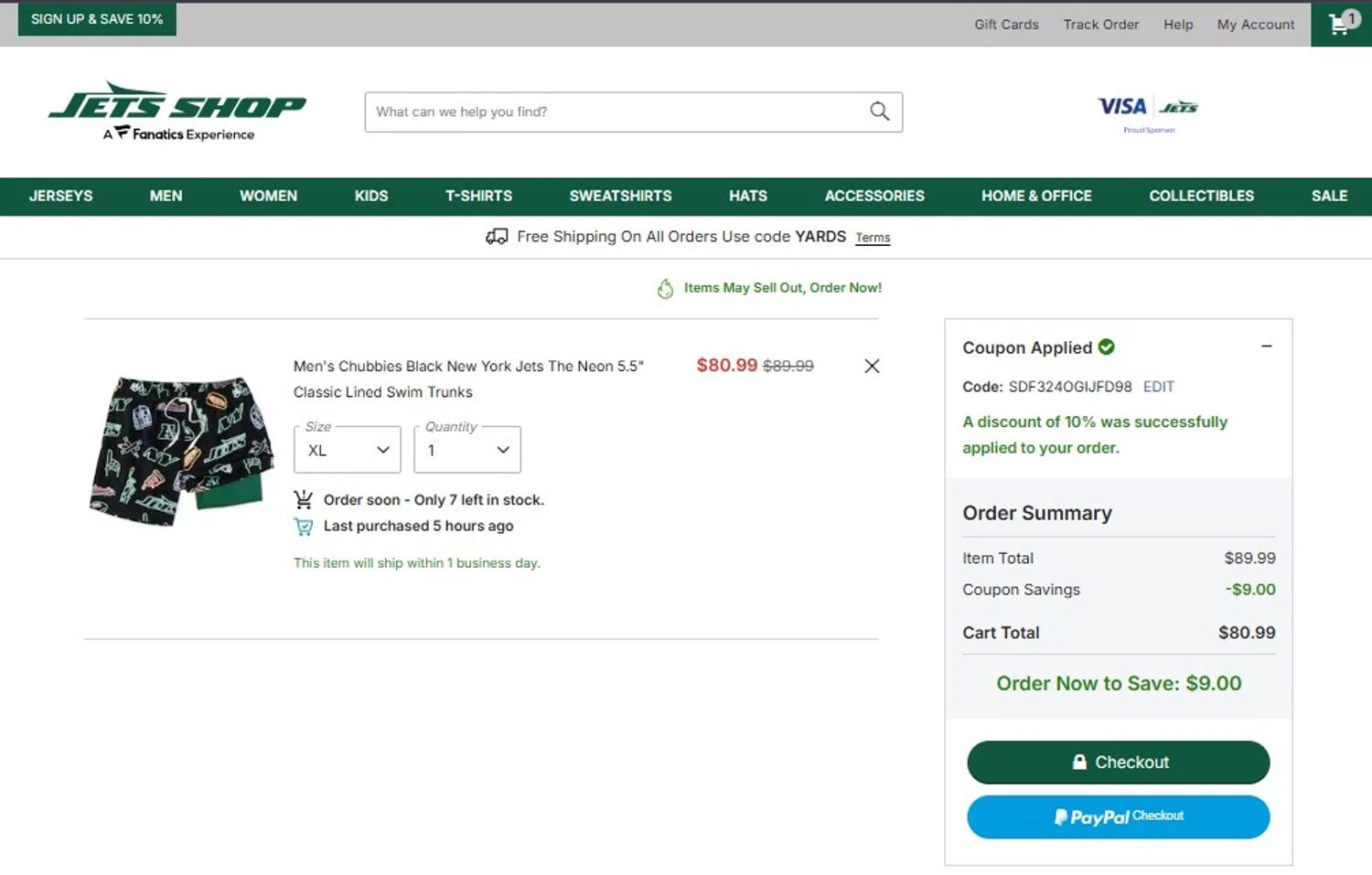 Jets Shop promo code screenshot showing code SDF324OGIJFD98 applied at Jets Shop checkout page. Uploaded by SimplyCodes community member ScanMaestro644 on Jul 19, 2025
