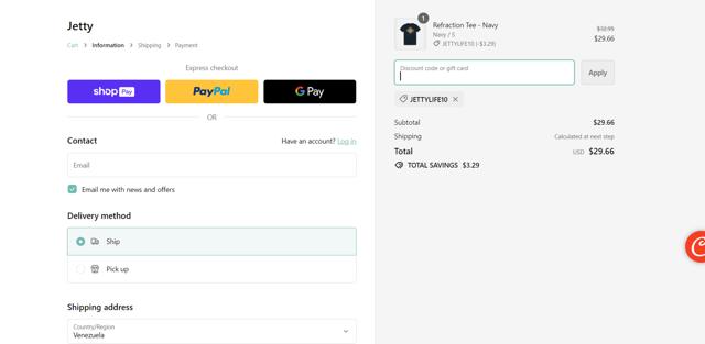 Jetty Clothing checkout page showing Jetty Clothing discount code box | Screenshot taken by SimplyCodes community member on Feb 6, 2024